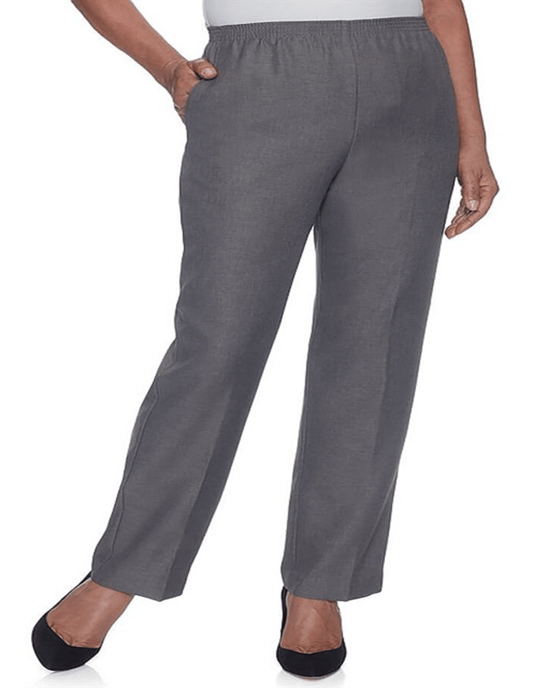Front of a model wearing a size 18W Alfred Dunner Women's Classic Pull on Straight Leg Regular Length Pants Gray 18W in Gray by Alfred Dunner. | dia_product_style_image_id:307409